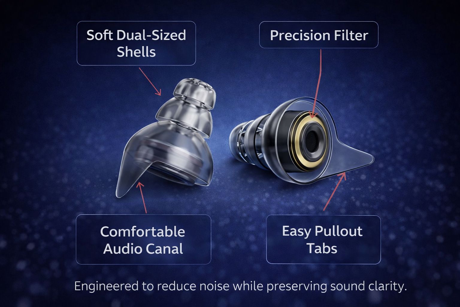 NUDEAR earplug feature diagram showing precision filter and soft shells