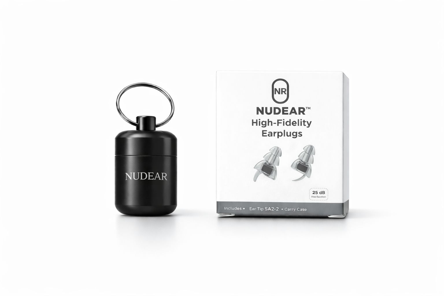 NUDEAR High-Fidelity Earplugs with carry case and product box